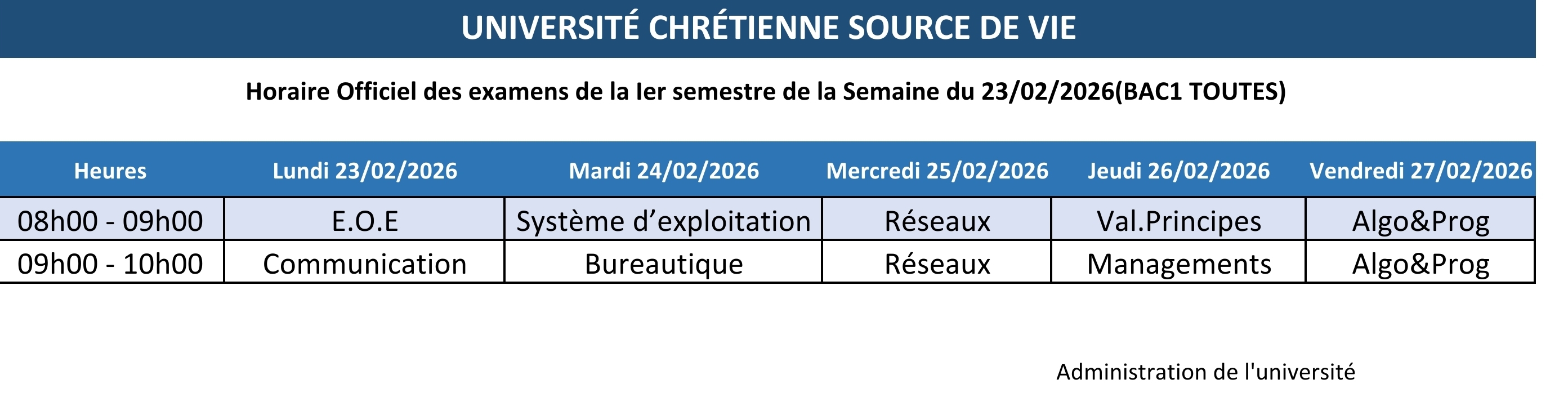 Horaire Officiel des examens de la Ier semestre (BAC1 TOUTES)