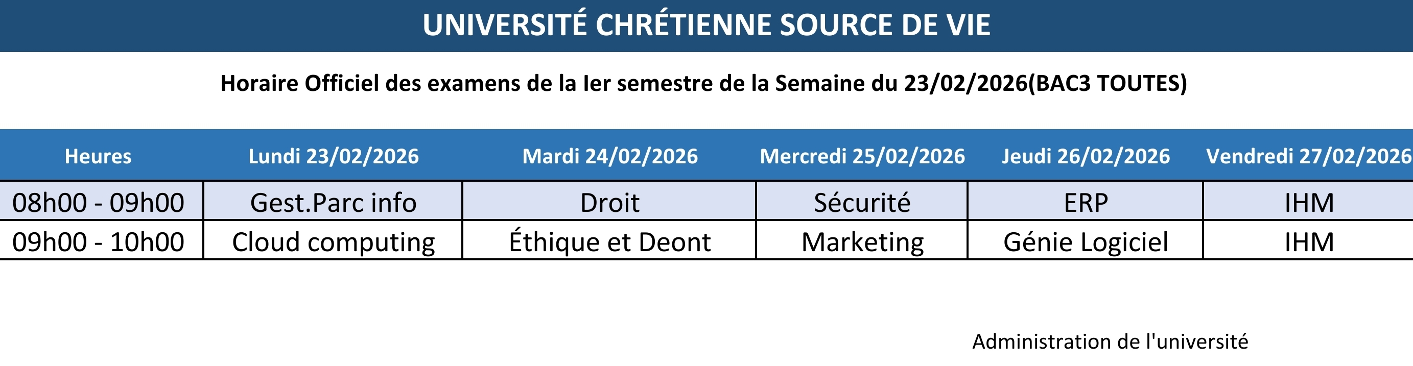 Horaire Officiel des examens de la Ier semestre (BAC3 TOUTES)
